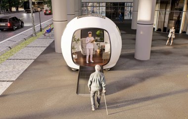 Kentsel bir çevrede park etmiş modern bir tıbbi modül. Küçültülmüş, gelecekçi klinikte erişilebilirlik rampası olan açık bir giriş var. İçeride, bir sağlık uzmanı elinde bir panoyla bir çalışma merkezinin yanında duruyor..