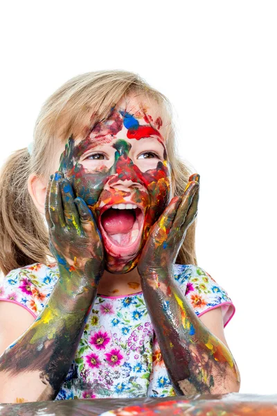 Girl with painted hands and face — Stock Photo, Image