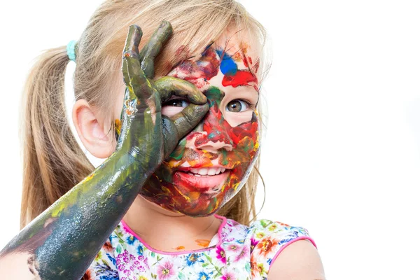 Niña con la mano pintada y la cara . —  Fotos de Stock