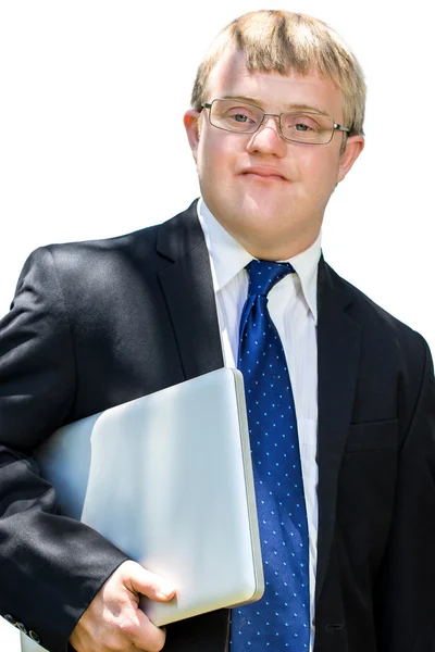 Handicapped businessman holding laptop. — Stock Photo, Image