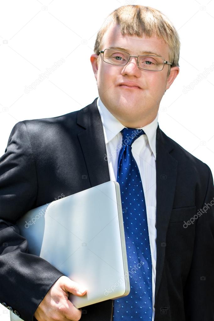 Handicapped businessman holding laptop.