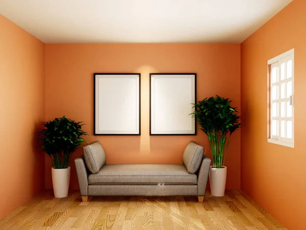 客厅的室内设计风格别致 日用床 热带植物在瓷壶中 塑造出姜黄墙上的招贴画框架 家居装饰 3D渲染 — 图库照片