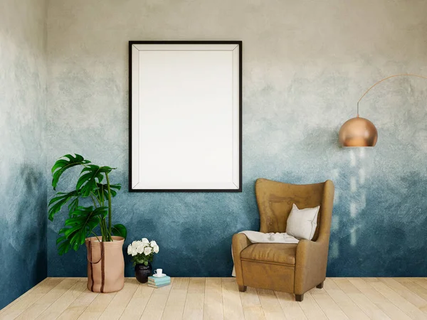 Oturma odasının şatafatlı iç tasarımı, seramik kapta tropikal bitki, zencefil rengi duvarda poster çerçevesi. Şablon. Ev dekoru. 3B Hazırlama