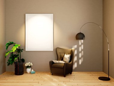 Oturma odasının şatafatlı iç tasarımı, seramik kapta tropikal bitki, renk duvarında poster çerçevesi. Şablon. Ev dekoru. 3B Hazırlama