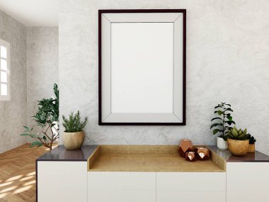 Oturma odasının şatafatlı iç tasarımı, seramik kapta tropikal bitki, renk duvarında poster çerçevesi. Şablon. Ev dekoru. 3B Hazırlama