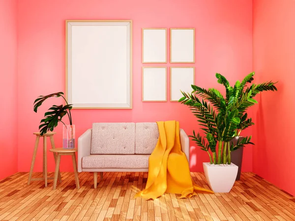 Design Interiores Elegante Sala Estar Com Leito Dia Planta Tropical — Fotografia de Stock