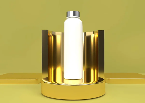 Rendering Abstract Scene Gold Geometry Shape Podium Bottle Product Display — Stock Photo, Image