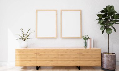 Oturma odasının klozet sehpası, seramik kapta tropikal bitki, zencefil renkli duvarda poster çerçevesi. Şablon. Ev dekoru. 3B Hazırlama