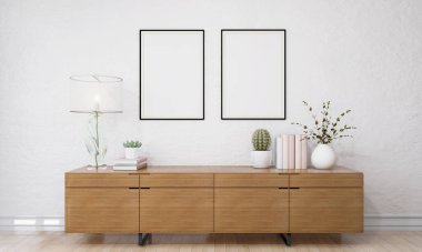 Oturma odasının klozet sehpası, seramik kapta tropikal bitki, zencefil renkli duvarda poster çerçevesi. Şablon. Ev dekoru. 3B Hazırlama