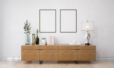 Oturma odasının klozet sehpası, seramik kapta tropikal bitki, zencefil renkli duvarda poster çerçevesi. Şablon. Ev dekoru. 3B Hazırlama