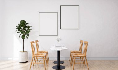 Yemek odasının şık iç tasarımı masa sandalyesi, seramik kapta tropikal bitki, zencefil rengi duvarda poster çerçevesi. Şablon. Ev dekoru. 3B Hazırlama