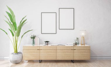 Oturma odasının klozet sehpası, seramik kapta tropikal bitki, zencefil renkli duvarda poster çerçevesi. Şablon. Ev dekoru. 3B Hazırlama