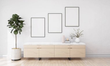 Oturma odasının klozet sehpası, seramik kapta tropikal bitki, zencefil renkli duvarda poster çerçevesi. Şablon. Ev dekoru. 3B Hazırlama