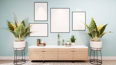 Oturma odasının klozet sehpası, seramik kapta tropikal bitki, zencefil renkli duvarda poster çerçevesi. Şablon. Ev dekoru. 3B Hazırlama