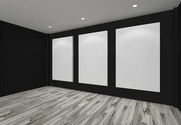 在画廊的黑墙上的白色帆布 — 图库照片