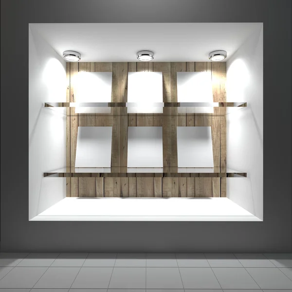 Tomma vita på glashylla med trä och vit vägg — Stockfoto