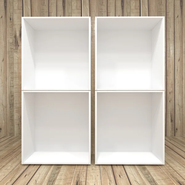 Caixa branca em branco no fundo de madeira — Fotografia de Stock