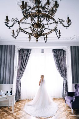 Şık elbiseli bir gelin kameraya arkası dönük durur.