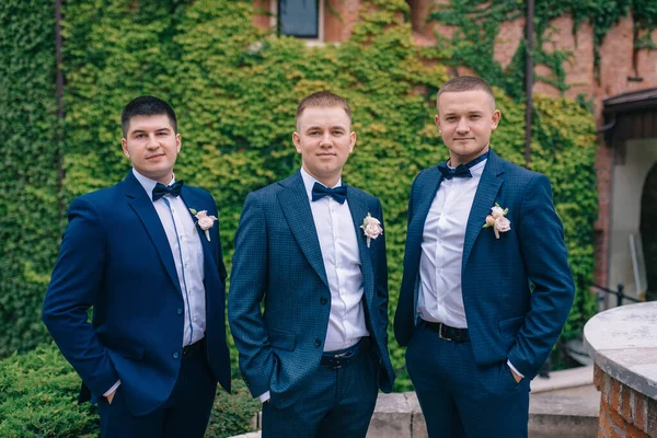 Groom Friends Blue Suits Pose Castle — Stock fotografie