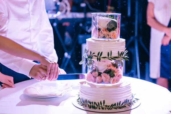 Gelin Damadın Elleri Düğünden Sonra Pasta Kesiyor — Stok fotoğraf