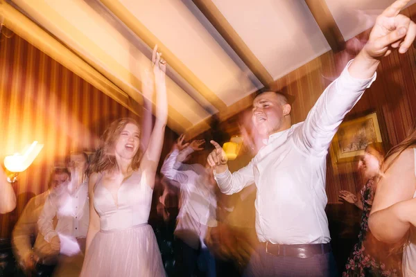 Happy Stylish People Dancing Light Having Fun Wedding Reception Restaurant — Stock Photo, Image