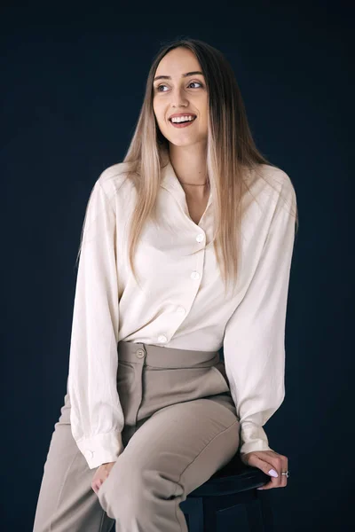 Fashion Model Seating Chair Dress Pants White Shirt Girl Smiles — Stock Photo, Image