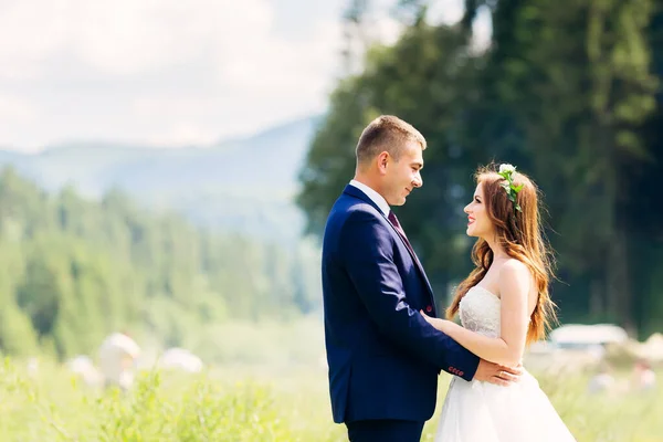결혼식 날푸른 들판에 미소짓는 부부들이 가정생활 — 스톡 사진