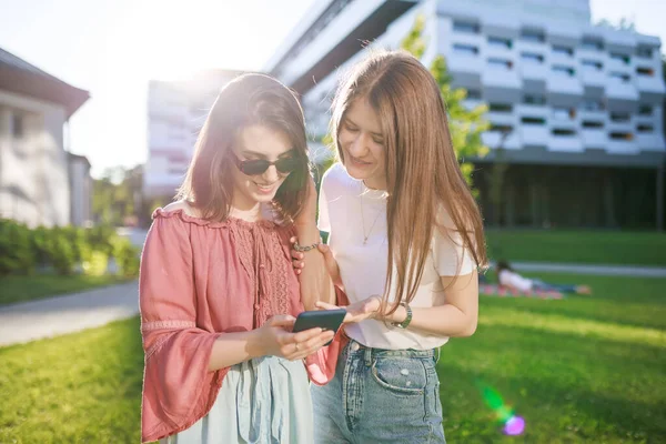 Glad Flicka College Studenter Leende Ser Digitala Surfplatta Campus Gräsmatta — Stockfoto