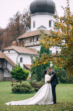 Portre güzel bir düğün çifti dışarıdaki eski binanın yanında yürüyor, saray açık havada. Güzel gelin ve şık damat sarılıyor.