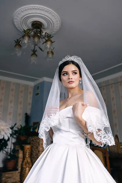 Retrato Uma Bela Jovem Mulher Vestido Branco Com Véu Casamento — Fotografia de Stock