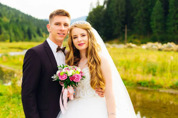 Stylish Groom Blue Suit Beautiful Curly Haired Bride White Dress — Foto de Stock