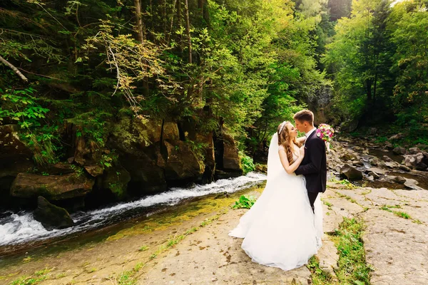 Recém Casados Abraçam Seu Dia Casamento Uma Bela Floresta Perto — Fotografia de Stock