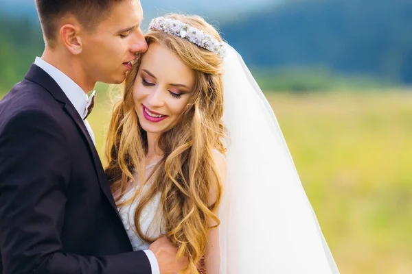 Романтическая Свадебная Пара Позирует Прекрасным Видом Красивые Молодожены День Свадьбы — стоковое фото