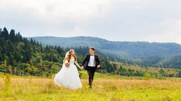 Cheerful Newlyweds Walking Holding Hands Laughing Background Green Glade Cheerful — Stock fotografie