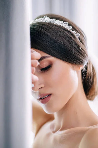Young Bride Magnificent Diadem Her Hair Makeup Close Light Background — Stock fotografie