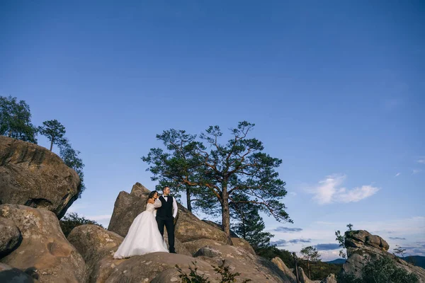 一对新婚夫妇在岩石上拍照时 背景是一片有趣的风景 — 图库照片