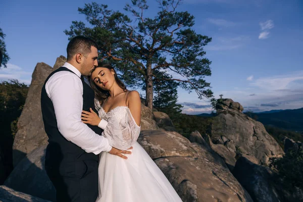 岩を背景に美しい新婚夫婦がポーズをとっている 山の中の結婚式 — ストック写真