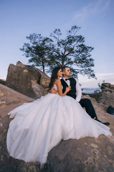 Bellissimi Sposi Siedono Pietre Abbraccio Elegante Sposo Abito Nero Una — Foto Stock