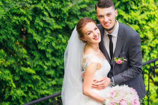 Casamento Bonito Abraços Casal Contra Pano Fundo Vegetação — Fotografia de Stock