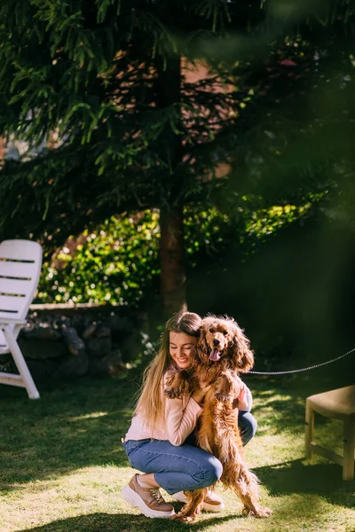 Young Smiling Girl Embracing Her Dog Green Grass — Stock Photo, Image