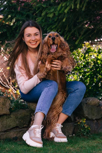 Portrait Beautiful Girl Beaming Smile Make Holding Dog Hands Face — Stock Photo, Image