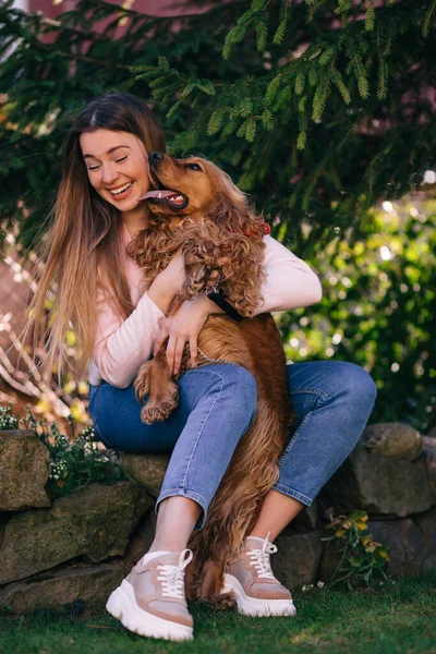 Happy Dog Licking Face Woman Sitting Yard Tree Cute Dog — Stock Photo, Image