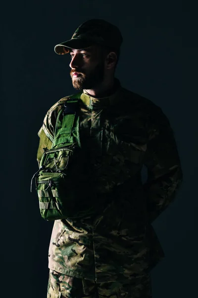 Army Soldier Bag His Shoulder Holds His Hands His Back — Stock Photo, Image