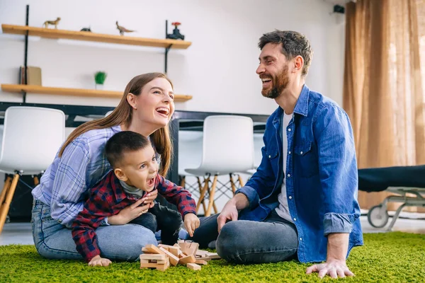 Loving Family Playing Cubes Floor Little Boy Tower Fell Dad — Stock Photo, Image