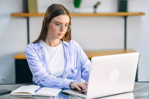 Ragionevole Serio Giovane Studente Freelance Che Lavora Sul Computer Portatile — Foto Stock