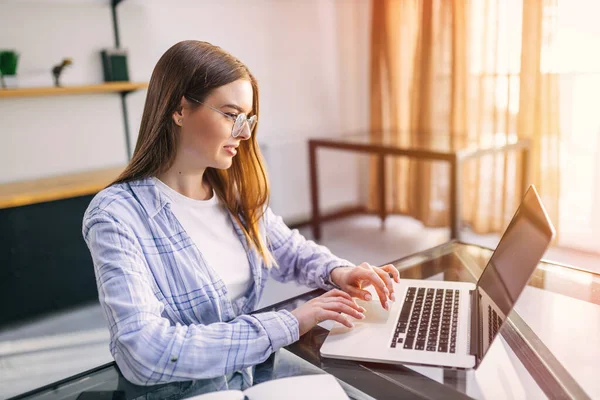 Glückliche Schöne Frau Die Hause Laptop Arbeitet Konzept Für Roboter — Stockfoto