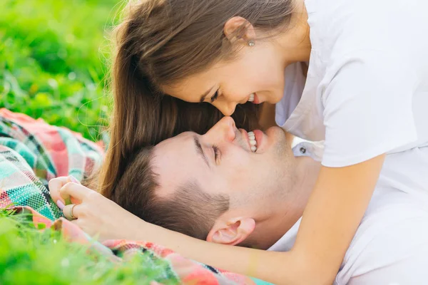 Beautiful Girl Lies Man Grass Couple Have Fun Nature Smile — Stock fotografie