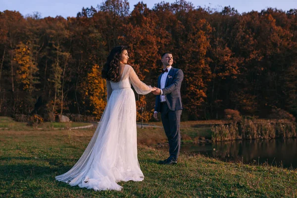 Beau Couple Mariés Tient Main Promène Long Prairie Verte Entouré — Photo