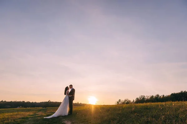 Couple Mariage Romantique Posant Sur Sommet Des Montagnes Coucher Soleil — Photo