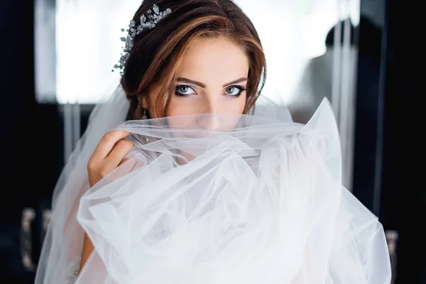 Mooie Bruid Met Krullen Onder Sluier Zacht Vrouwelijk Portret Bruiloft — Stockfoto